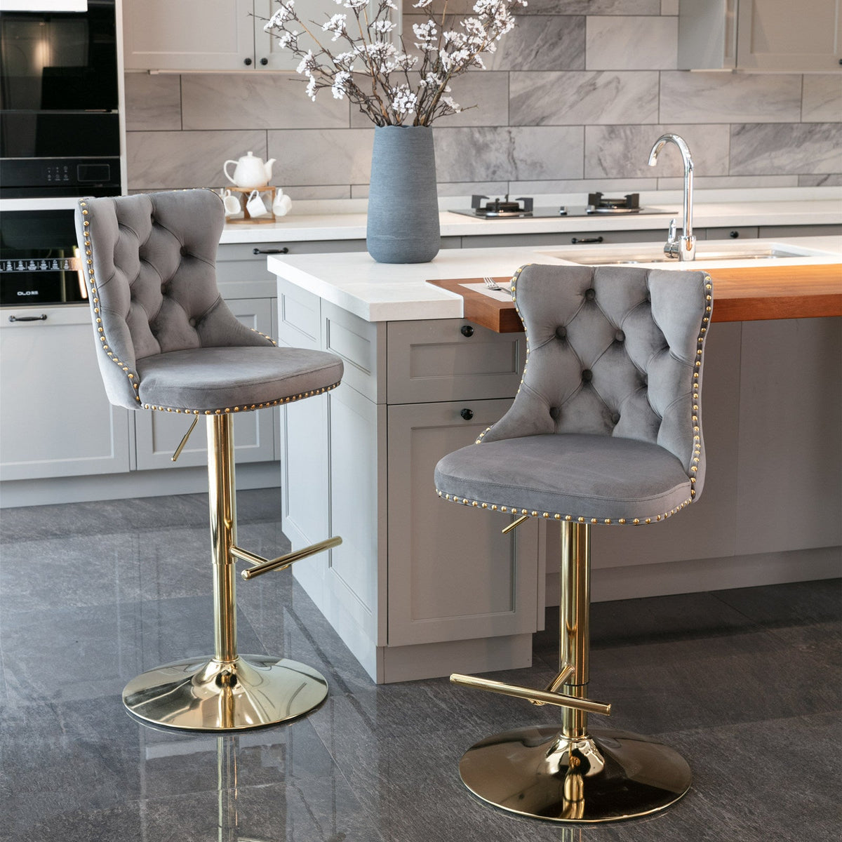 A&A Furniture,Golden Swivel Velvet Barstools Adjusatble Seat Height from 25-33 Inch, Modern Upholstered Bar Stools with Backs Comfortable Tufted for Home Pub and Kitchen Island(Gray,Set of 2)
