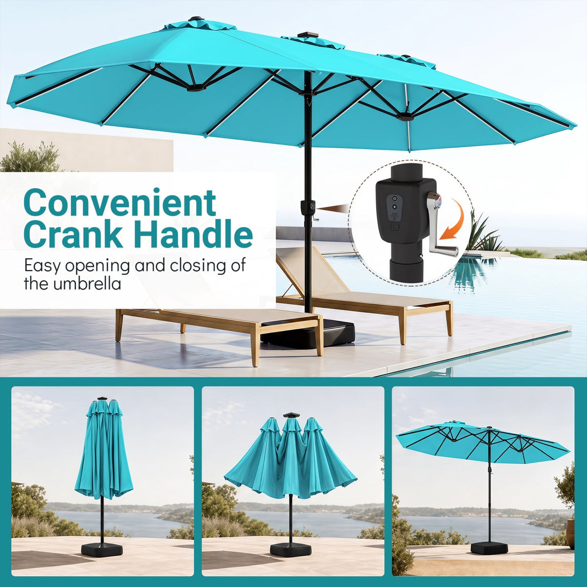 15.5 ft Patio Umbrella with Solar LED Lights and Base