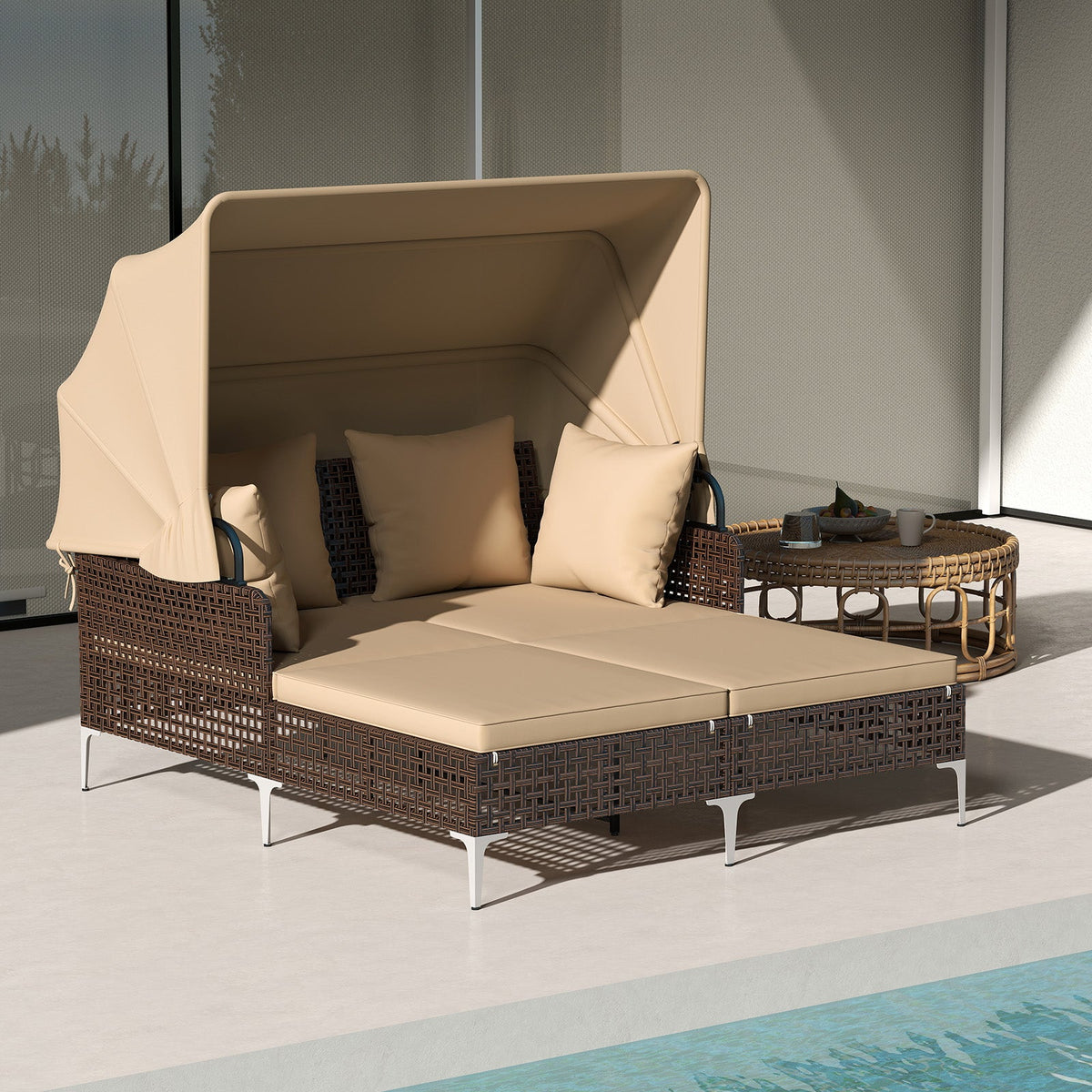 Outdoor Daybed with Retractable Canopy PE Wicker Rattan Patio Lounger