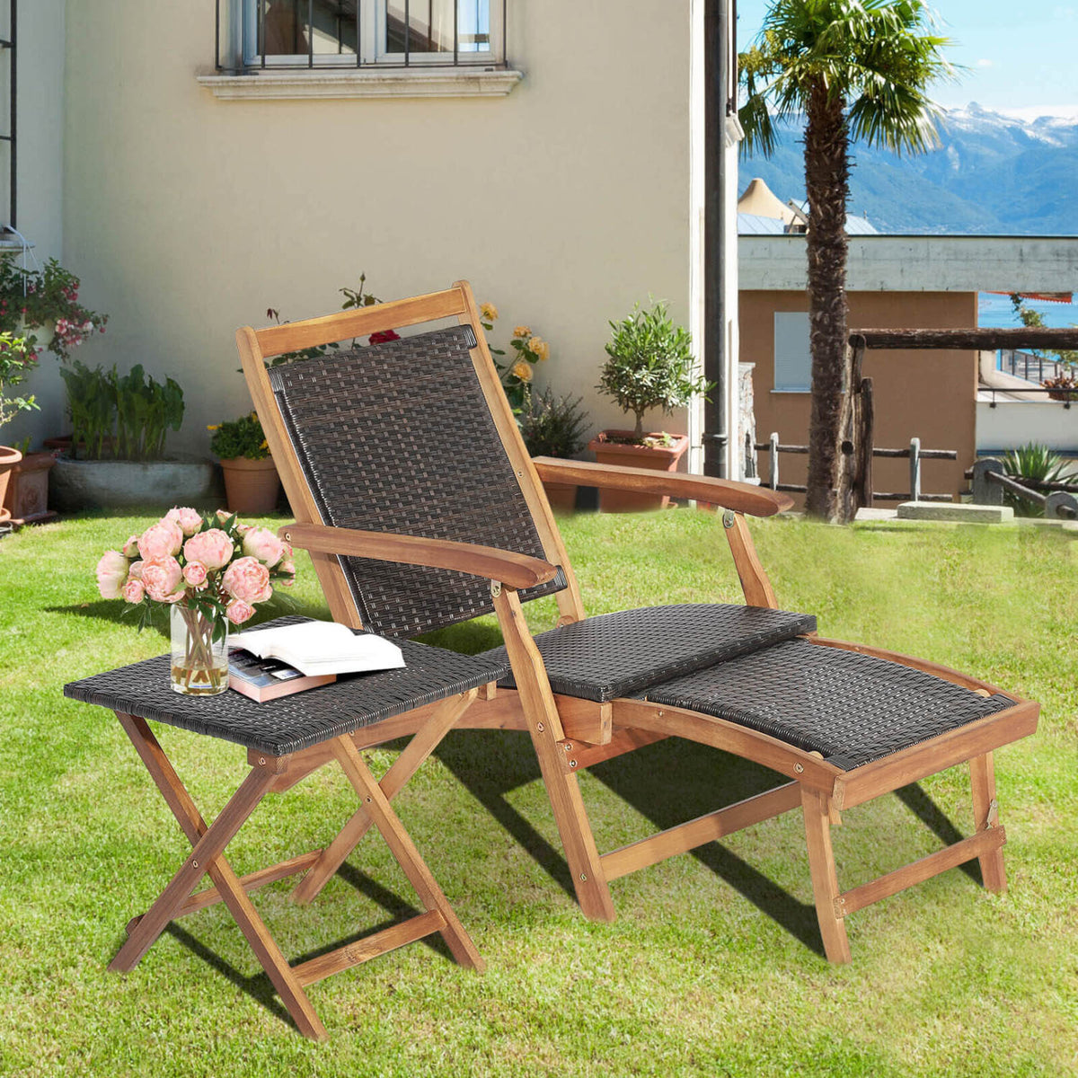 3 Pieces Patio Rattan Folding Lounge Chair Set of 2 with Acacia Wood Table
