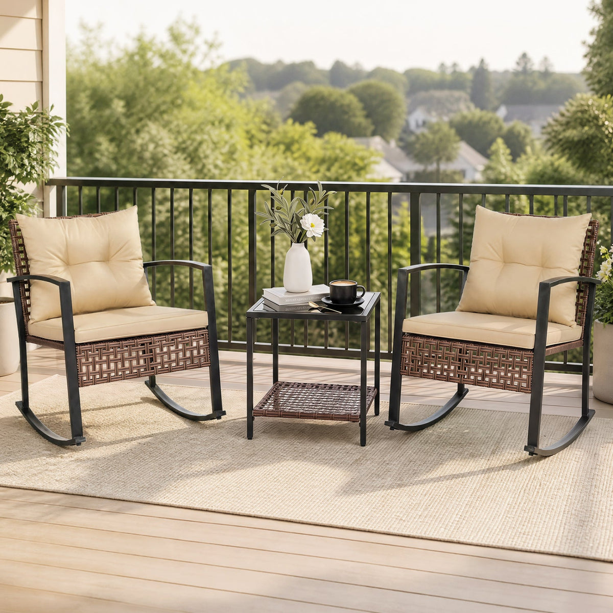 3-Piece Rocking Chair Patio Set with Glass Coffee Table