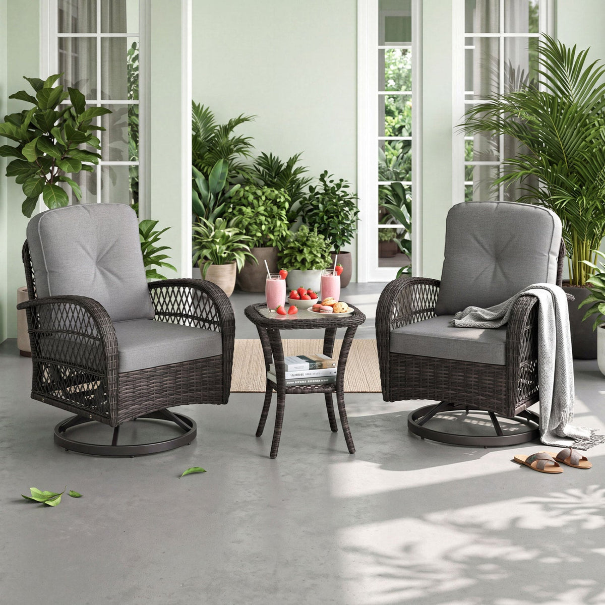 3-Piece Patio Swivel Rocker Set with Glass Side Table