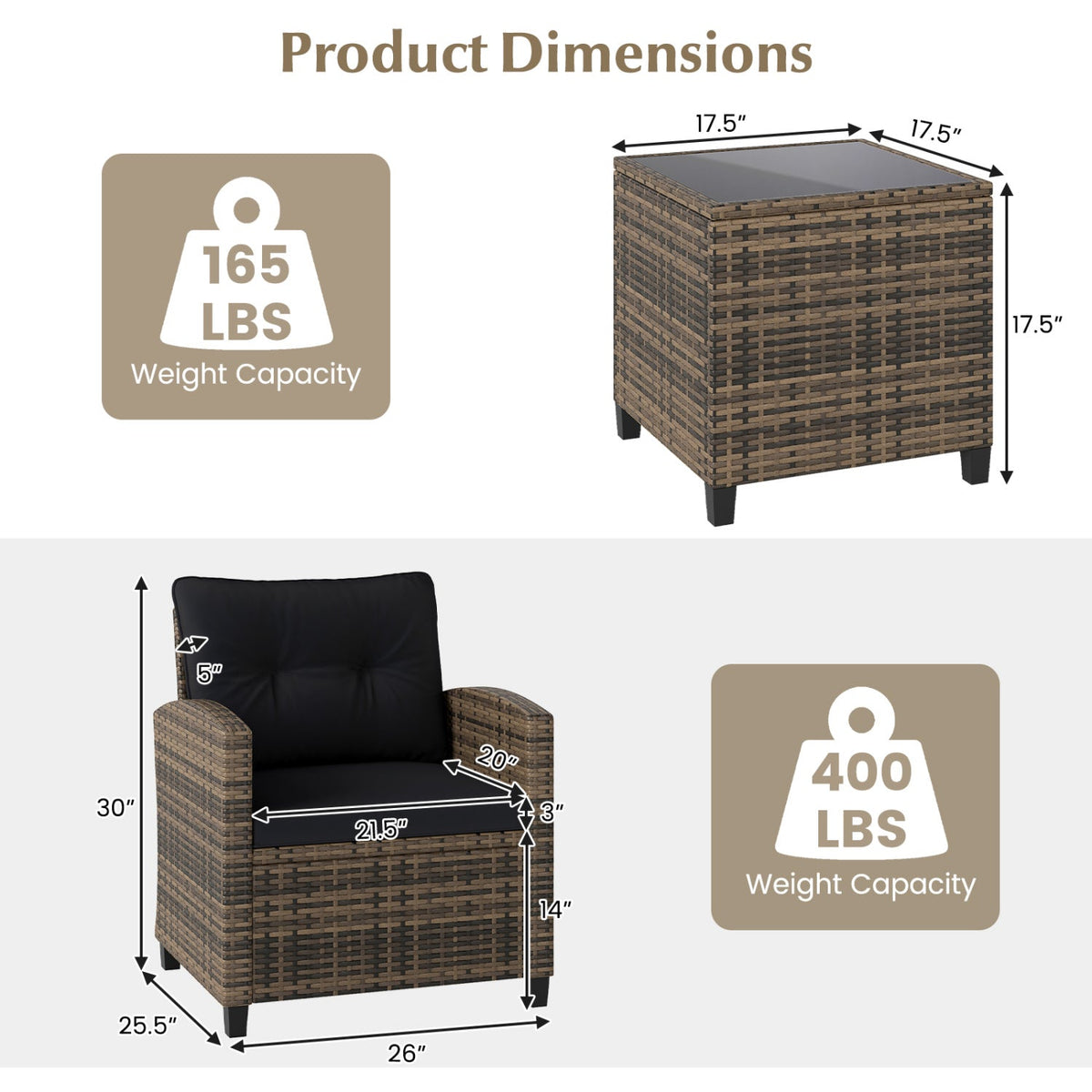 3-Piece Patio Conversation Set with Tempered Glass Table