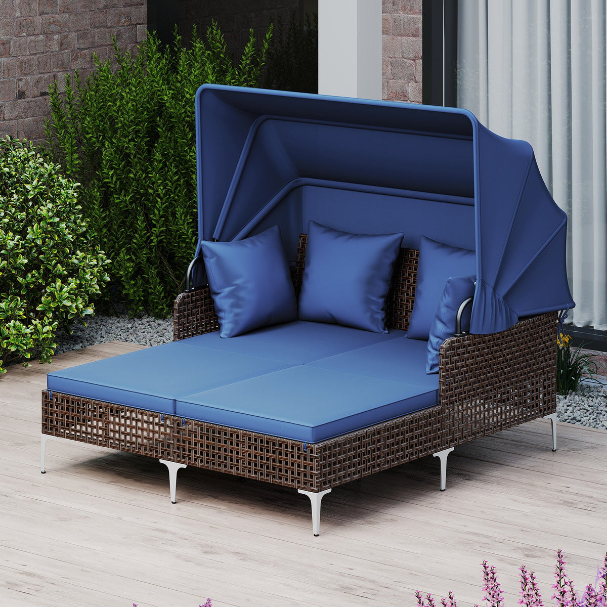 Outdoor Daybed with Retractable Canopy PE Wicker Rattan Patio Lounger