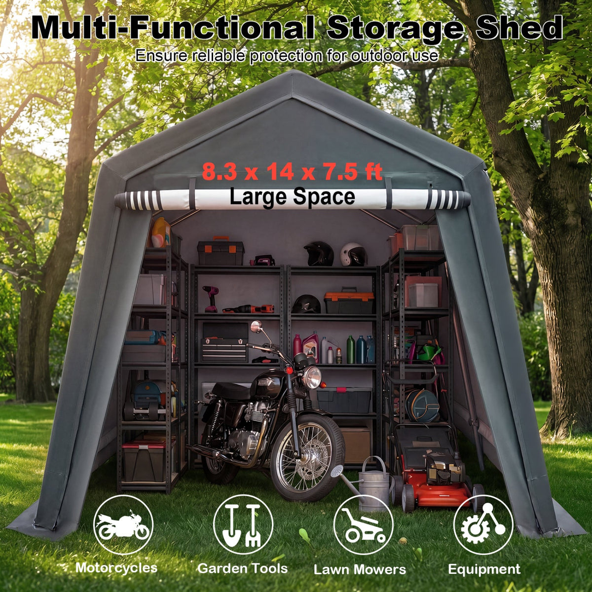 Outdoor Storage Shed 8.3 x 14 Ft with Roll-Up Zipper Door