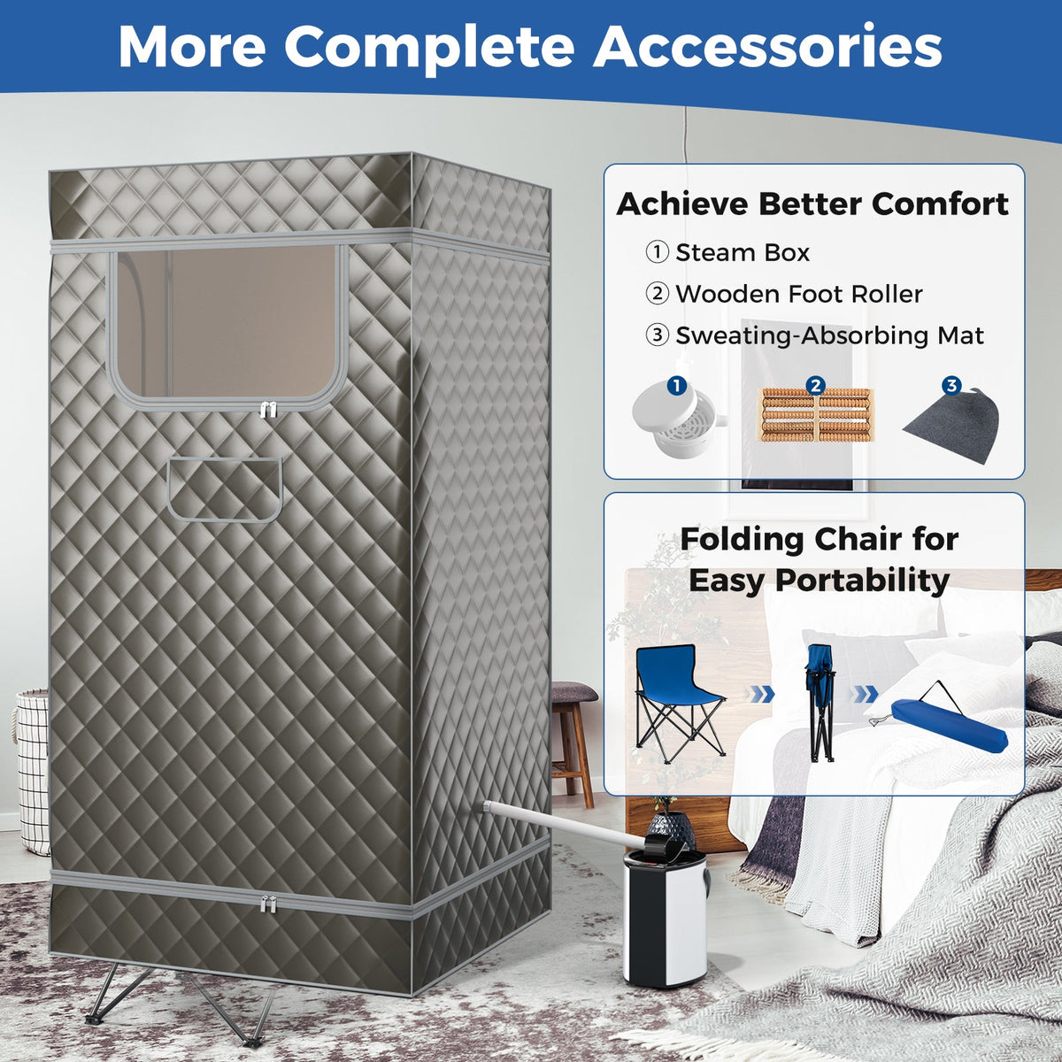 Portable Steam Sauna with 3L Steam Generator Remote Control Wood Foot Massager and Foldable Chair for Home-Gray
