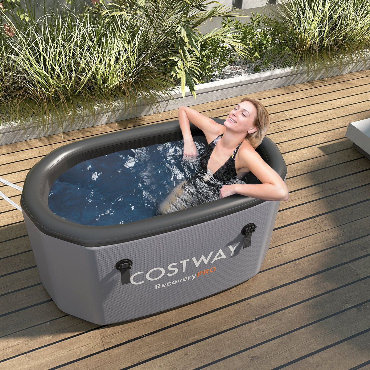 XL 129 Gal Oval Ice Bath Tub with Cover and Hand Pump for Athletes-Gray