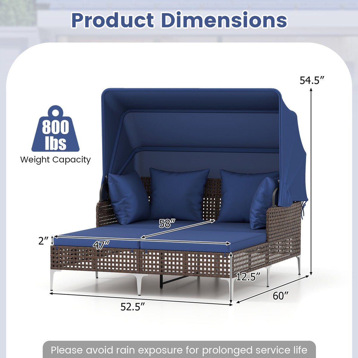 Outdoor Daybed with Retractable Canopy PE Wicker Rattan Patio Lounger