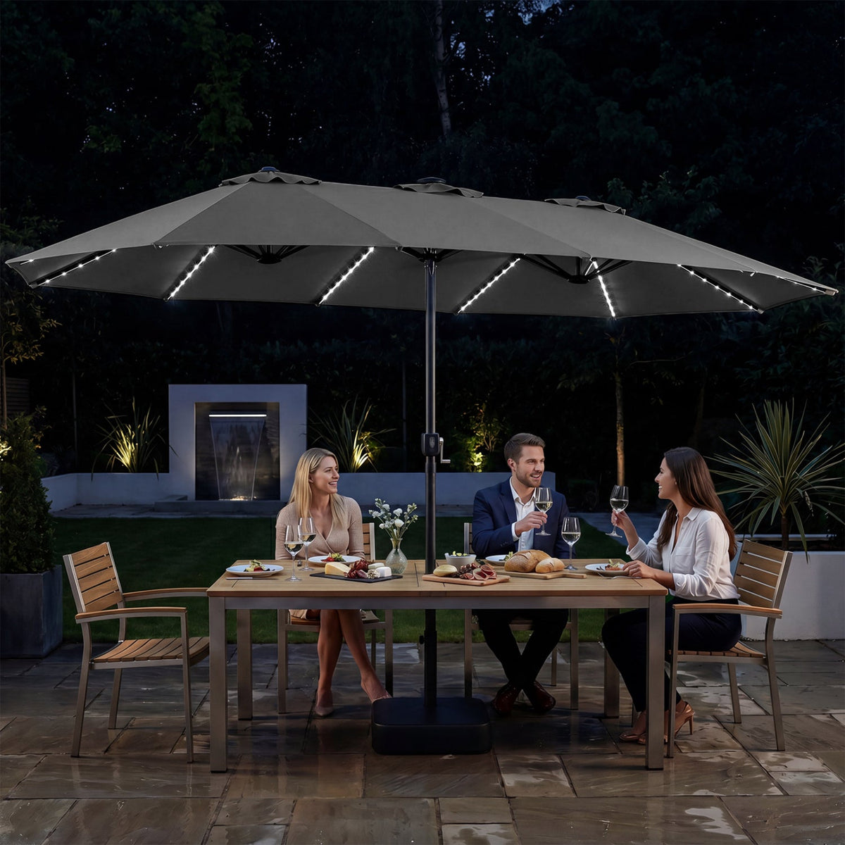 15.5 ft Patio Umbrella with Solar LED Lights and Base