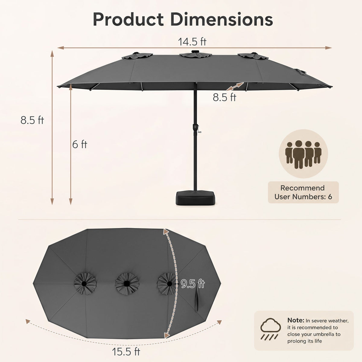 15.5 ft Patio Umbrella with Solar LED Lights and Base