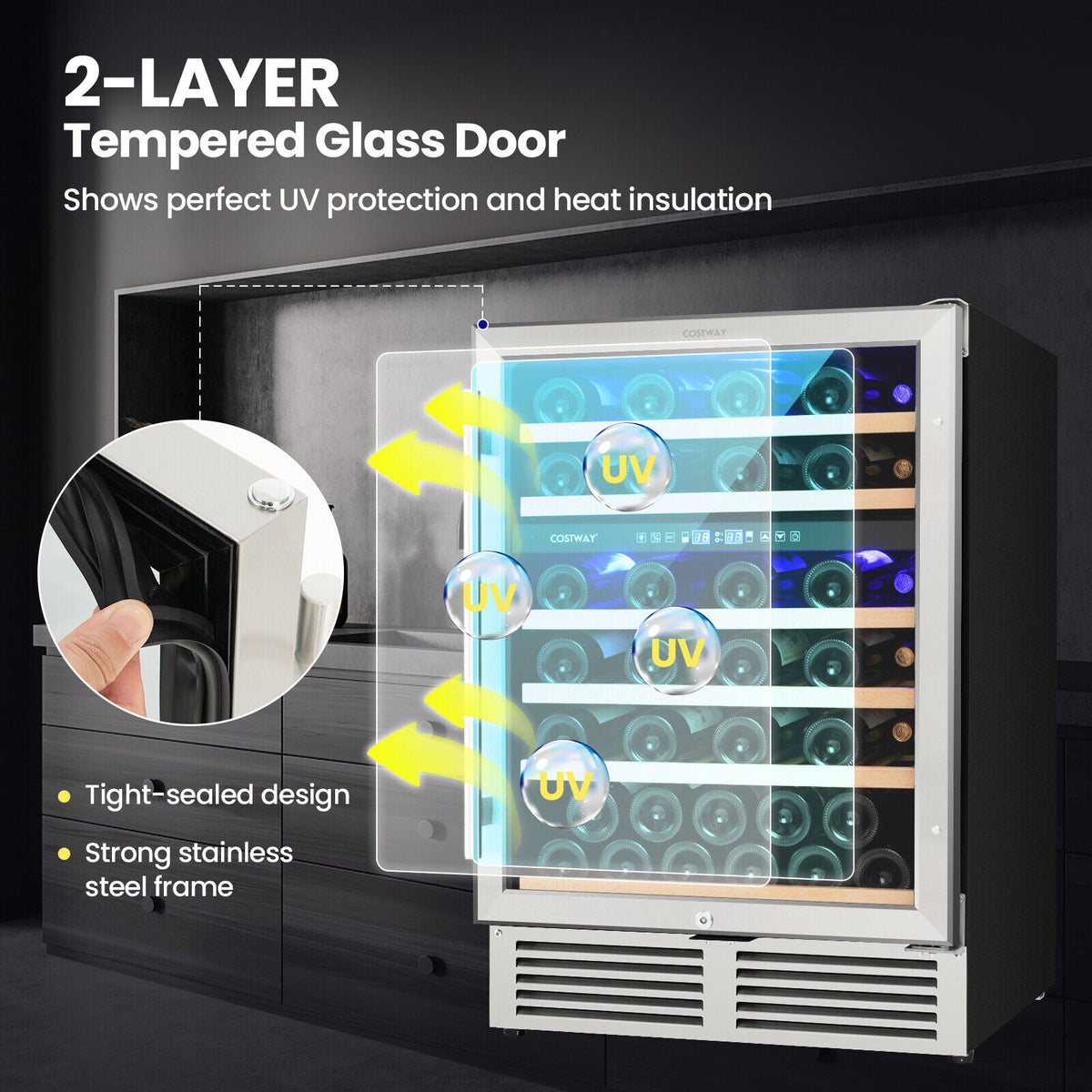 Dual Zone Wine Cooler for 51 Bottles with Reversible Door-Silver