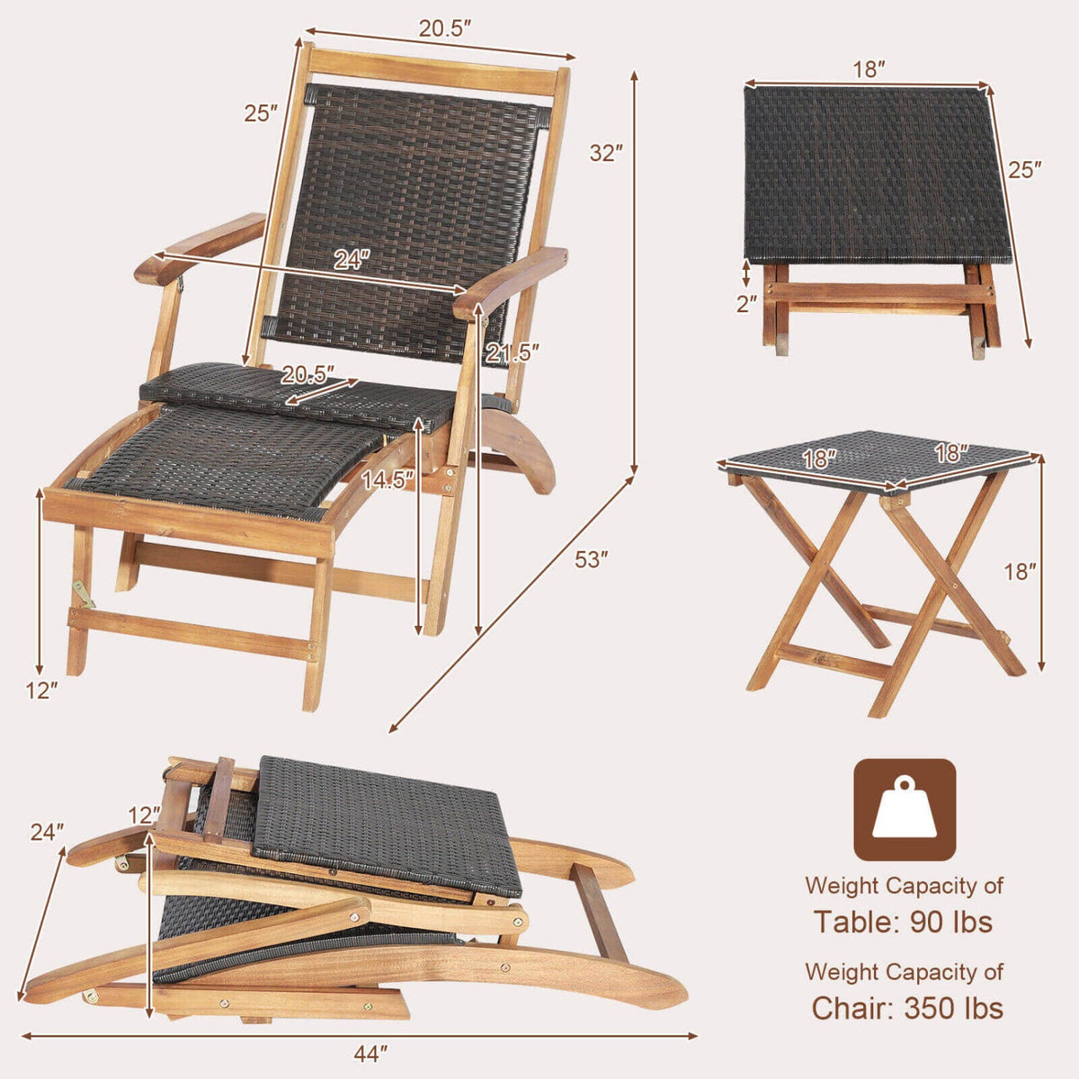 3 Pieces Patio Rattan Folding Lounge Chair Set of 2 with Acacia Wood Table