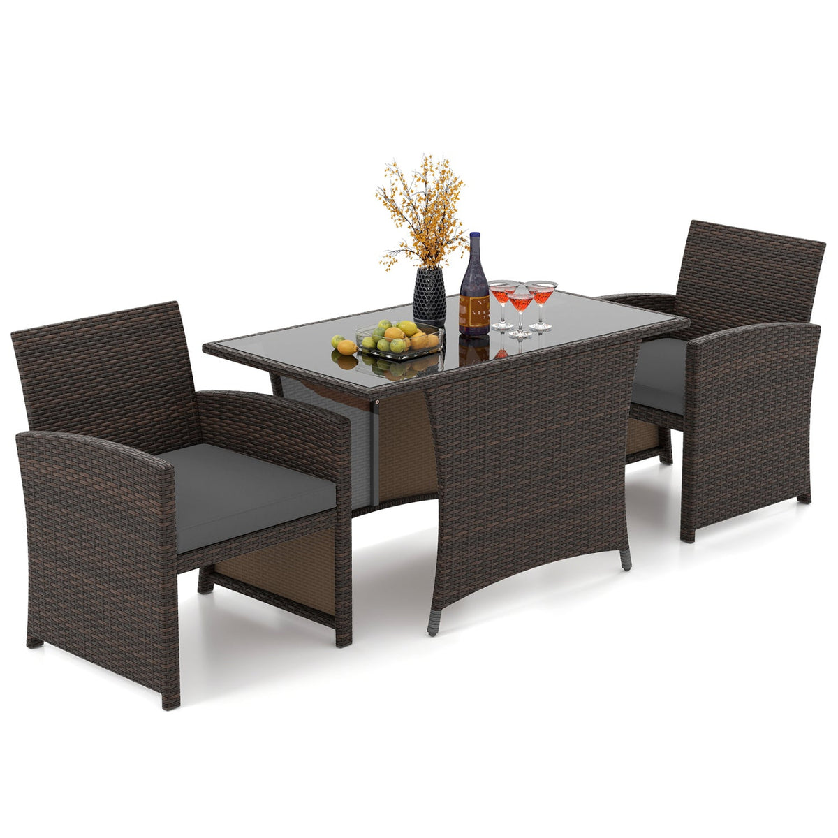 3-Piece Wicker Patio Dining Set with Tempered Glass Table