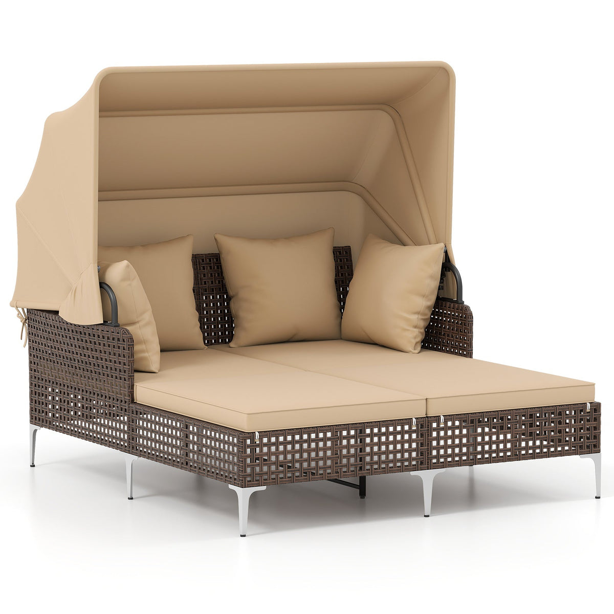 Outdoor Daybed with Retractable Canopy PE Wicker Rattan Patio Lounger