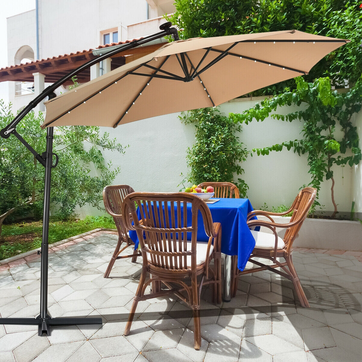 10 Feet 360° Rotation Solar Powered LED Patio Offset Umbrella without Weight Base-Gray