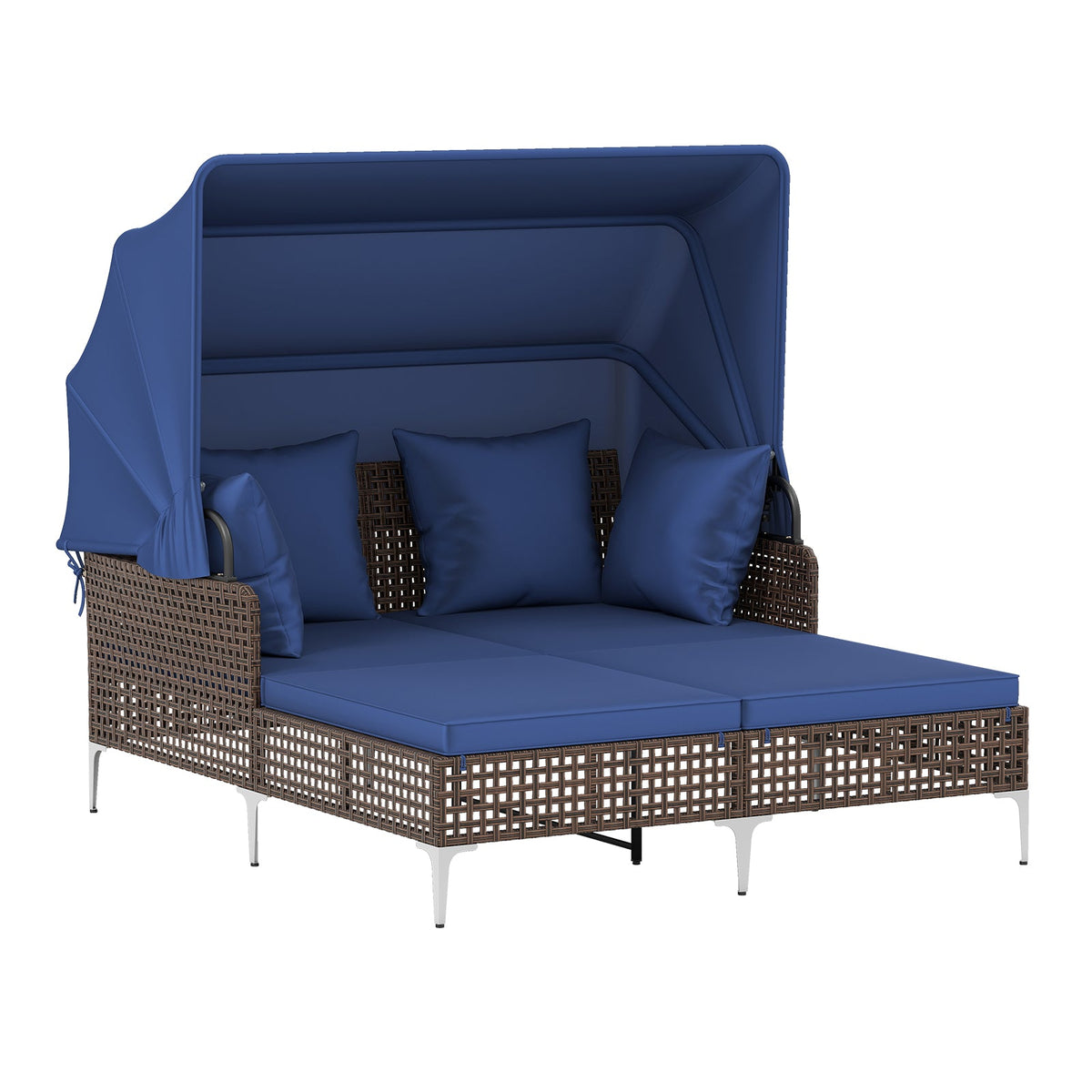 Outdoor Daybed with Retractable Canopy PE Wicker Rattan Patio Lounger