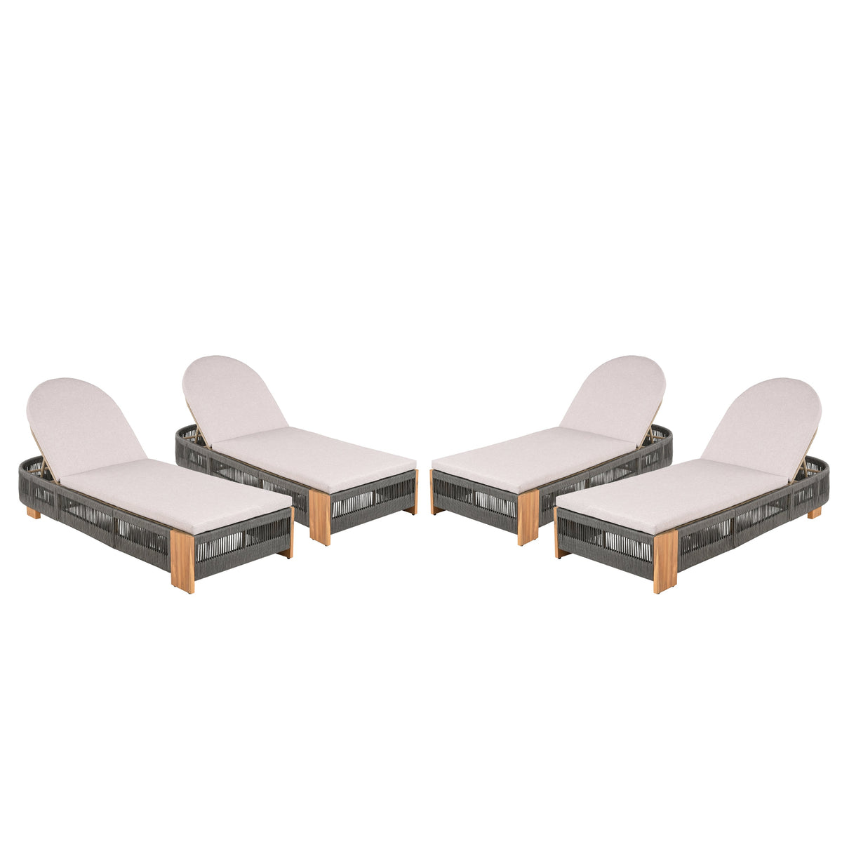 Outdoor Acacia Wood Patio Adjustable Lounge Chair Set of 4 - Grey Rope