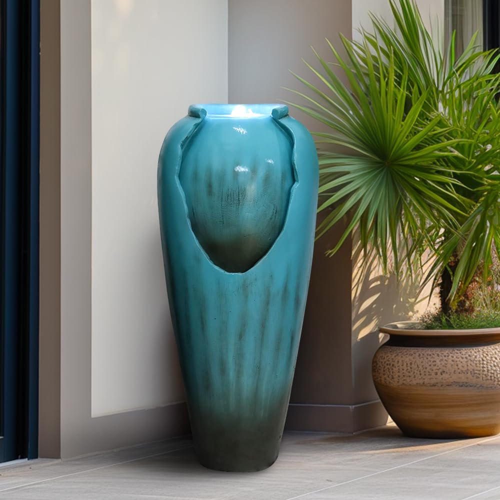 Resin Glazed Cutout Urn Outdoor Water Fountain 30 Inch