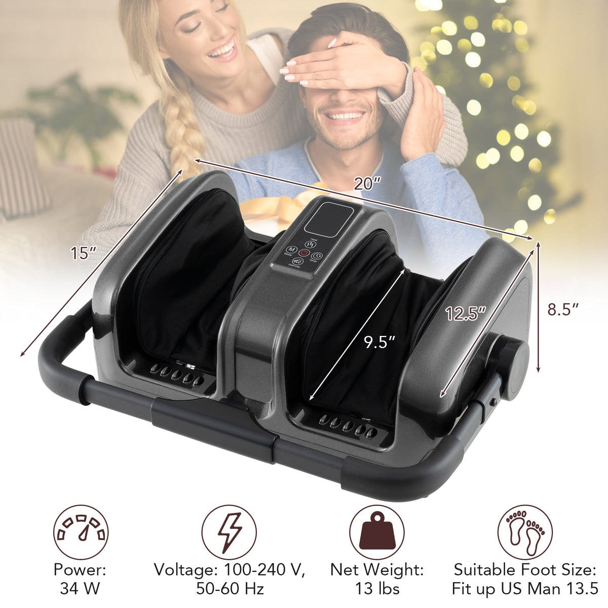 Foot and Calf Massager with Heat Shiatsu Deep Kneading Rolling Smart Electric Leg Massager-Gray