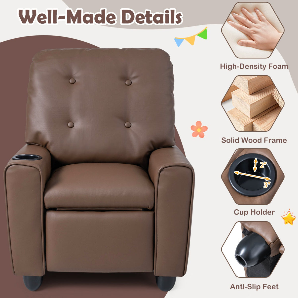 Kids Recliner Chair with Cup Holder & Adjustable Backrest