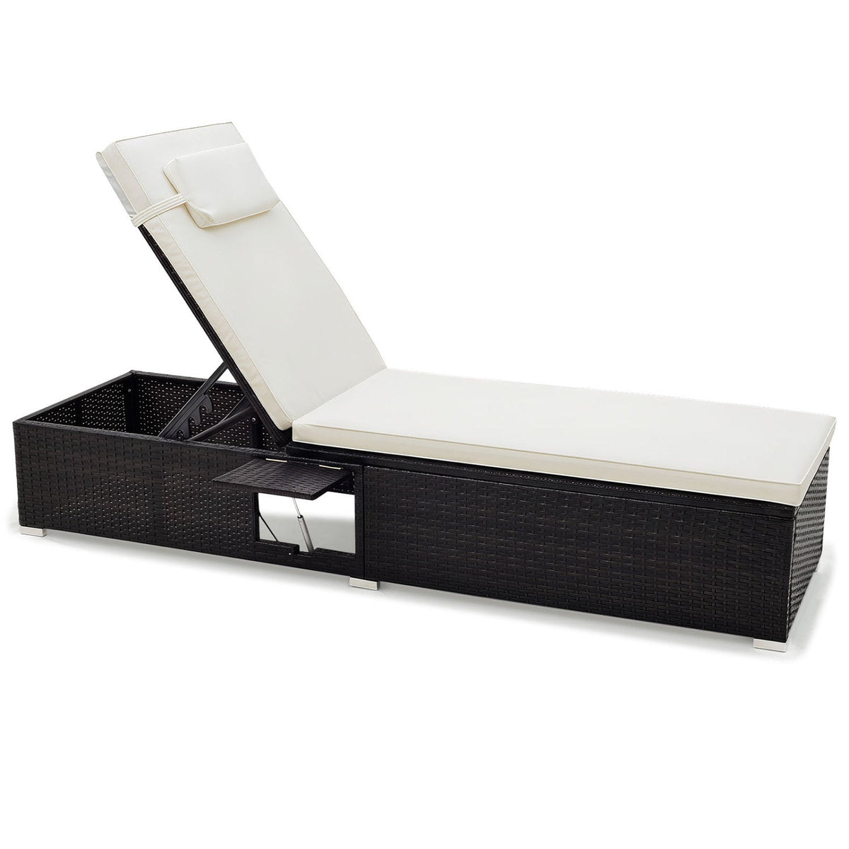 PE Rattan Chaise Lounge with Adjustable Backrest and Foldable Side Table Outdoor
