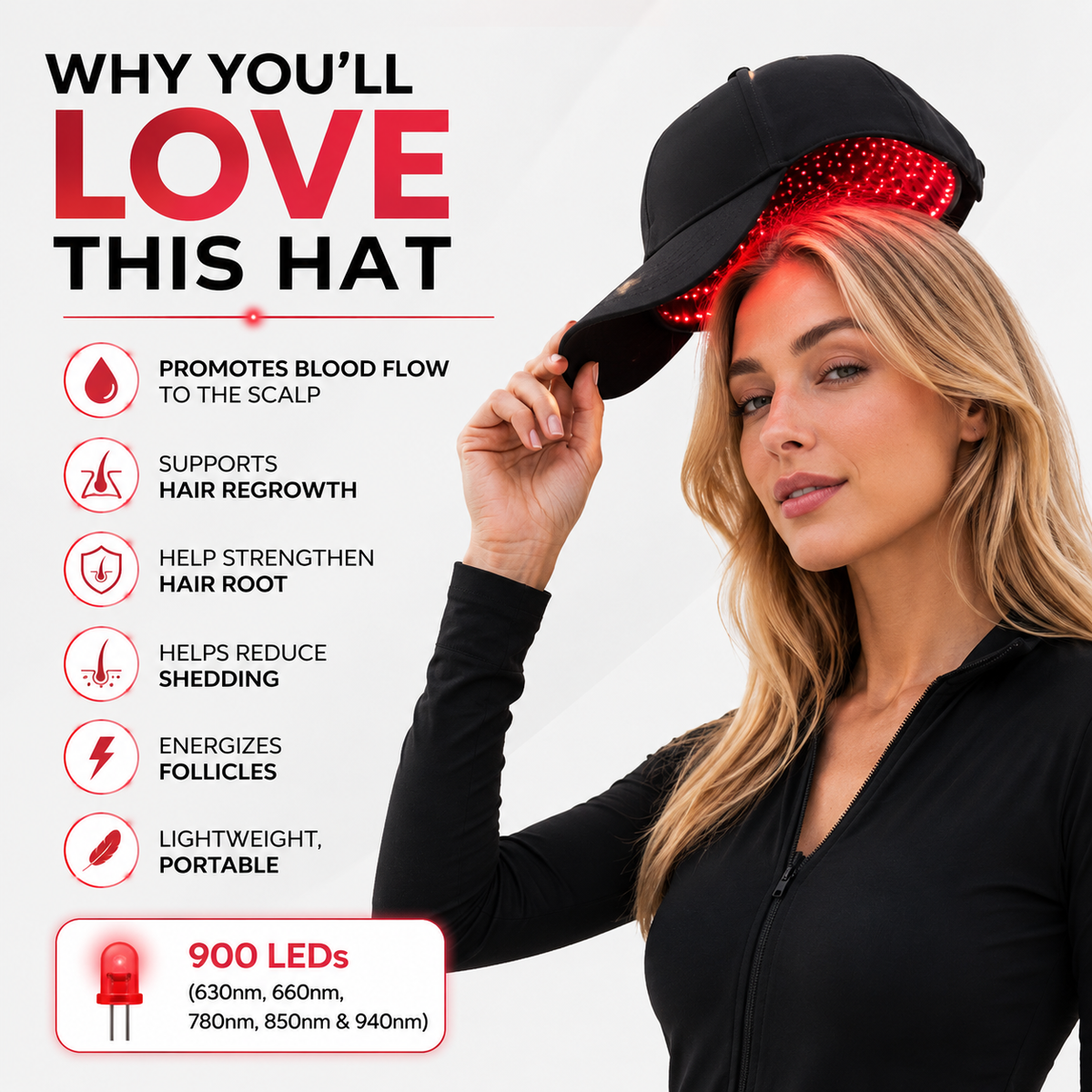 Red Light Therapy Hat | 900 Powerful LEDs | Full Scalp Coverage | 5 Wavelengths | Includes 12V Car Adapter