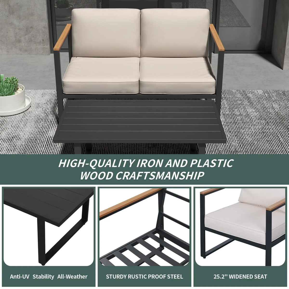 4-Piece Outdoor Patio Set, Metal Conversation Sofa With Washable Cushions, 2 Chairs & Coffee Table For Garden Balcony