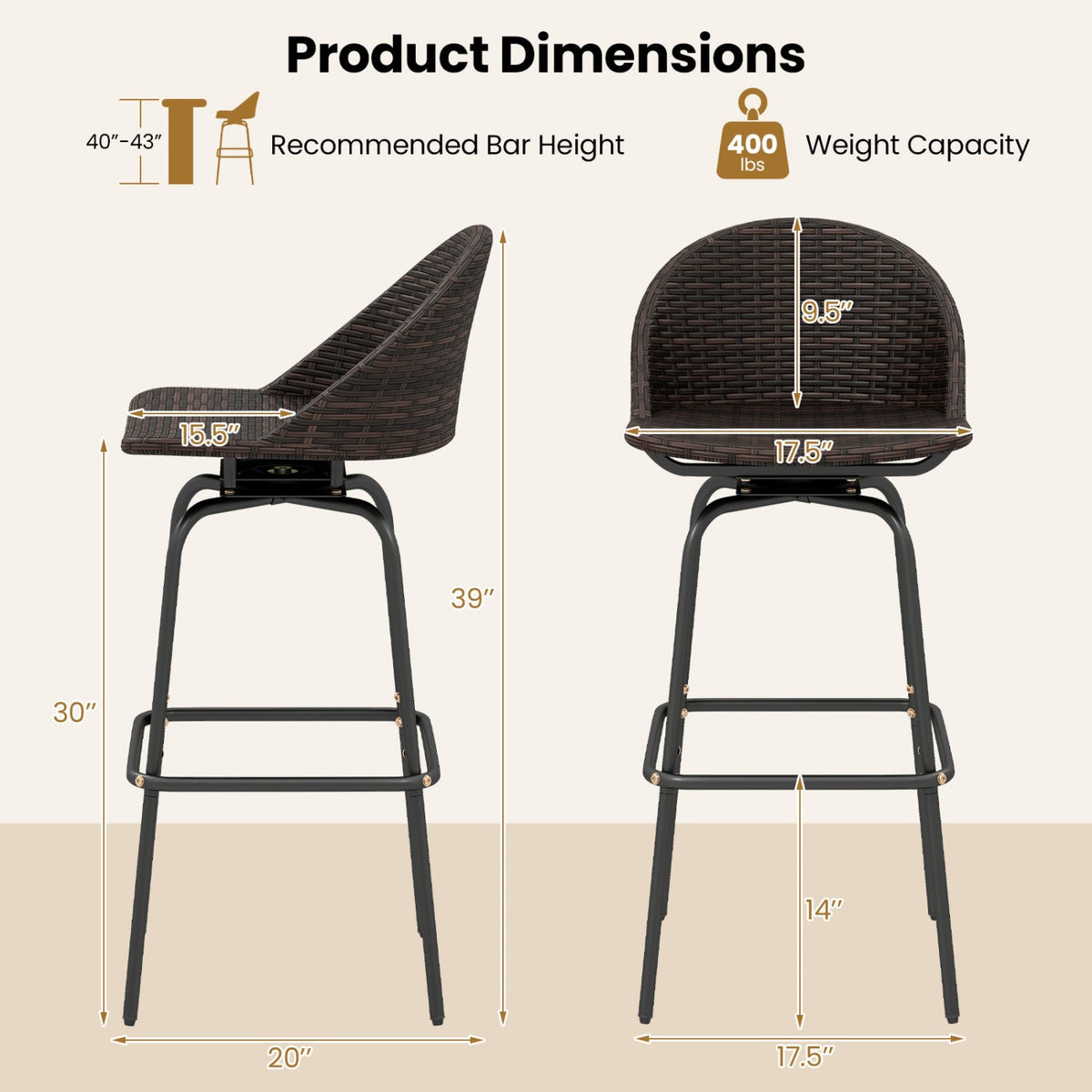 Swivel Patio Bar Stools Set of 2 with Rattan Seat 400 LBS
