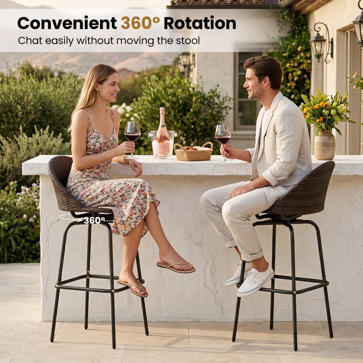 Swivel Patio Bar Stools Set of 2 with Rattan Seat 400 LBS