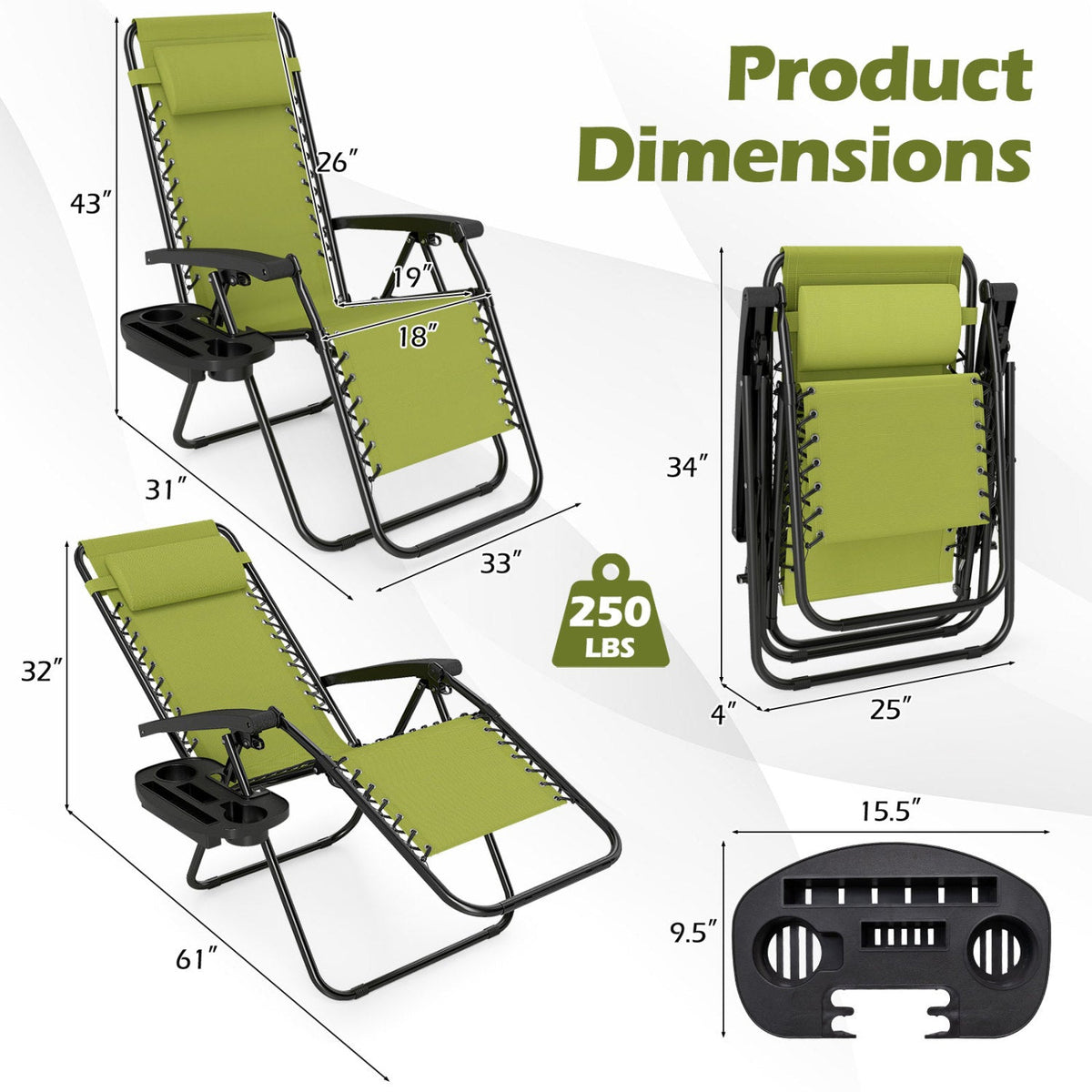 Zero Gravity Lounge Chairs Set of 2 with Cup Holders