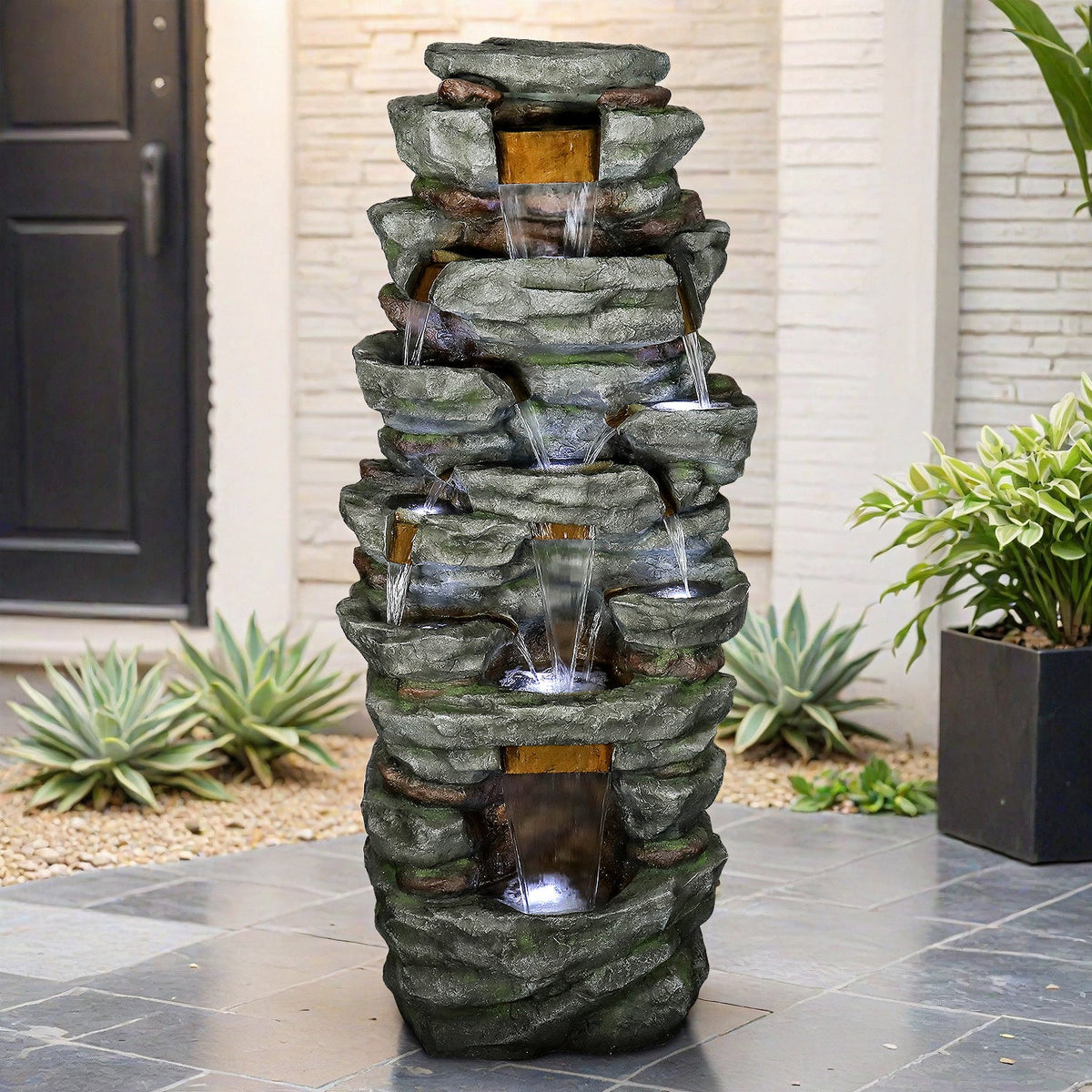 Resin Cliffside Rock Large Outdoor Water Fountain with LED