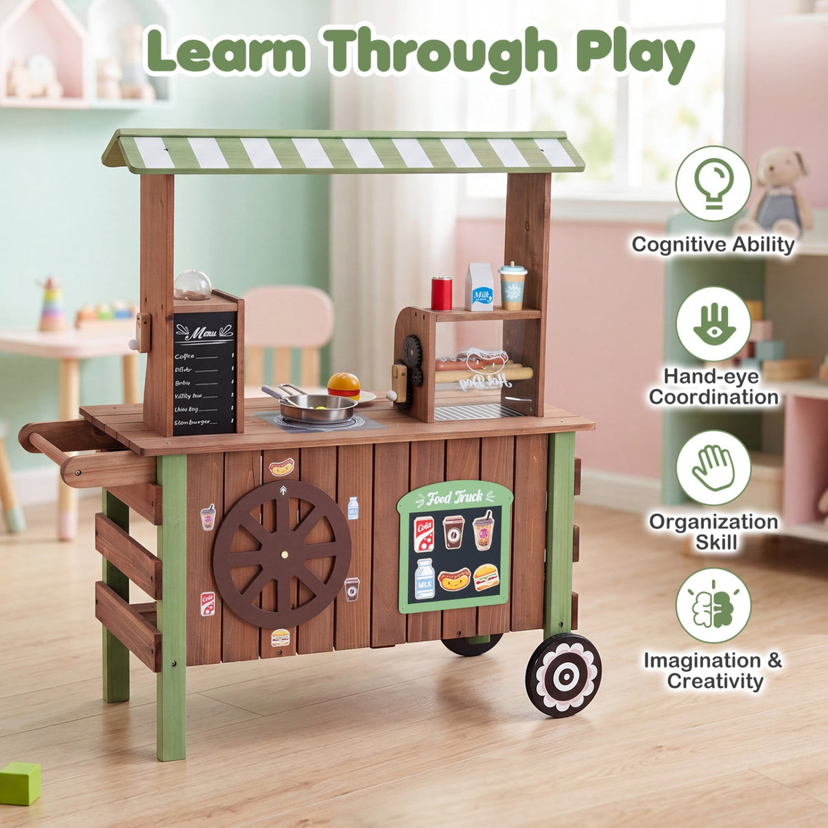 Wooden Grocery Store Playset with Wheels for Kids