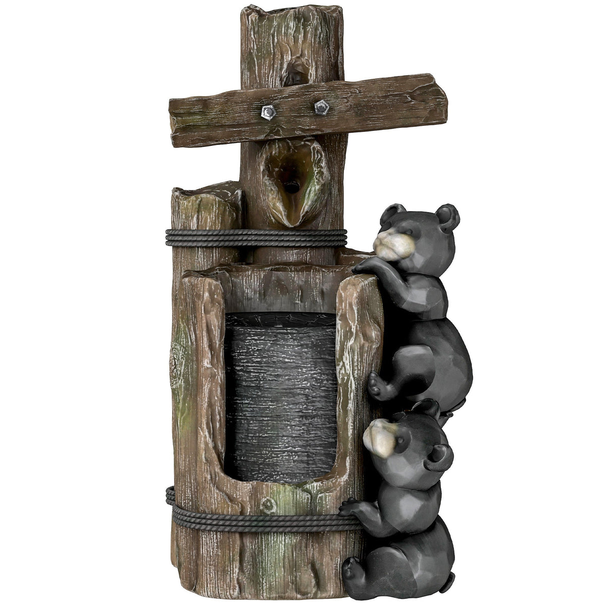 Resin Bear Fountain Two Cubs on Timber Post
