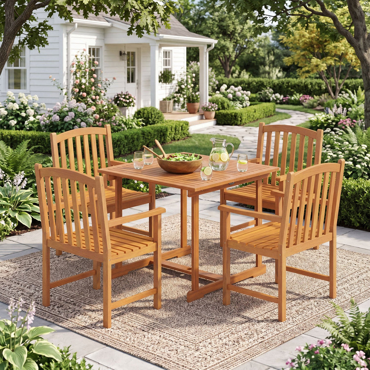 5-Piece Acacia Wood Patio Dining Set for 4 with Umbrella Hole